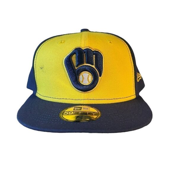 Milwaukee Brewers New Era 59FIFTY Fitted Hat Yellow Size 7 5/8 Men's - Picture 1 of 6
